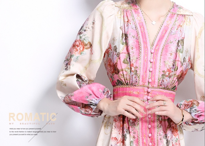 Elegant pinched waist retro temperament printing slim dress