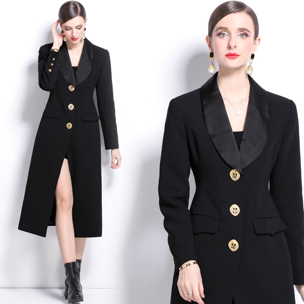 Double-breasted buckle coat long gold dress