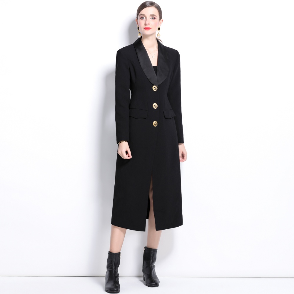 Double-breasted buckle coat long gold dress