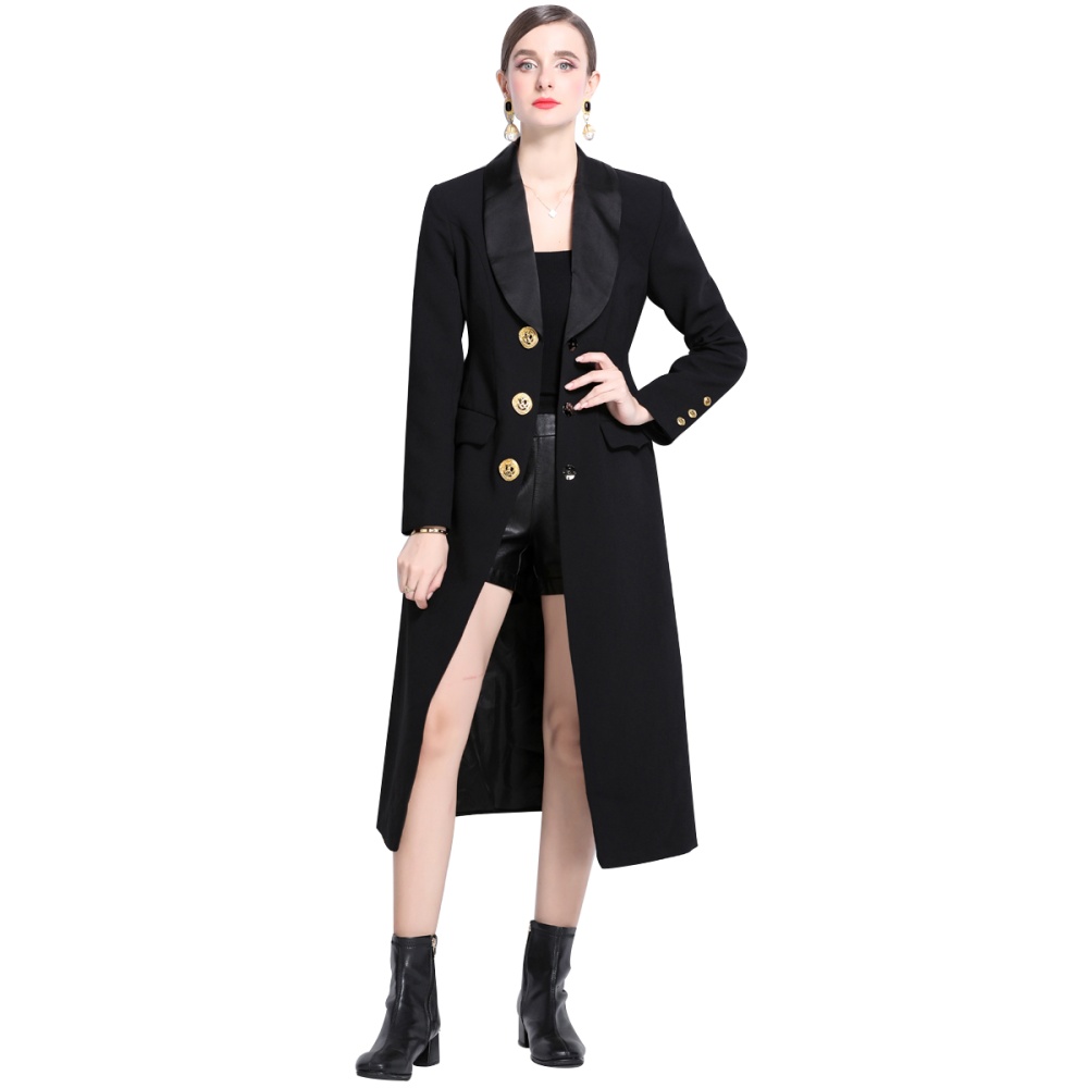 Double-breasted buckle coat long gold dress