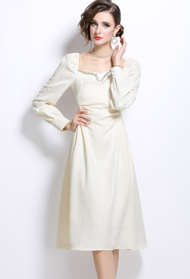 Jacquard rhinestone long dress beige pinched waist dress