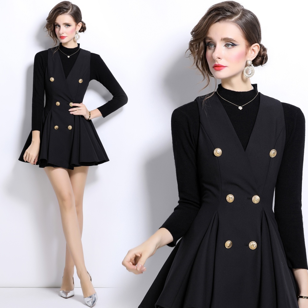 V-neck thick and disorderly sweater pleated dress 2pcs set