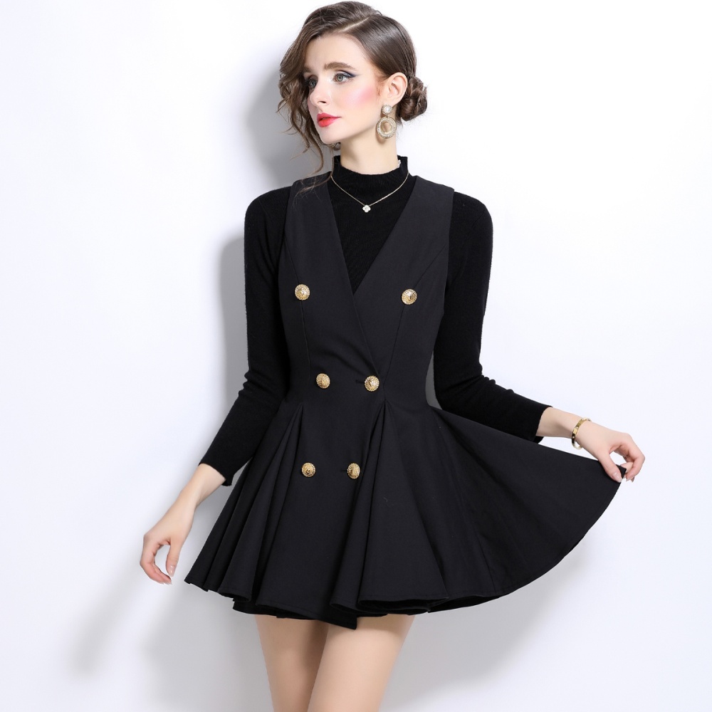 V-neck thick and disorderly sweater pleated dress 2pcs set