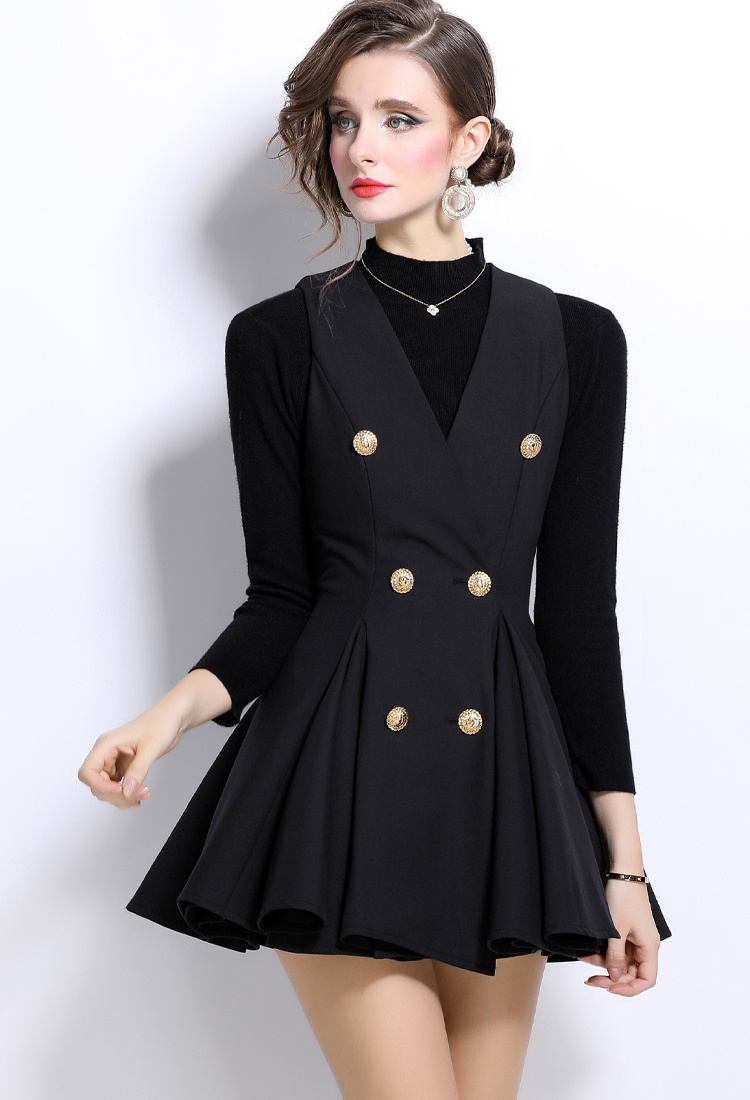 V-neck thick and disorderly sweater pleated dress 2pcs set