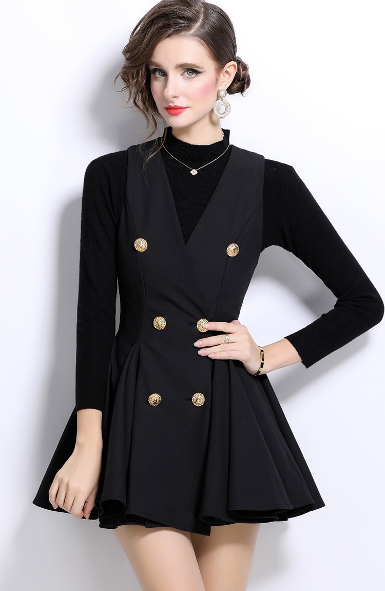 V-neck thick and disorderly sweater pleated dress 2pcs set