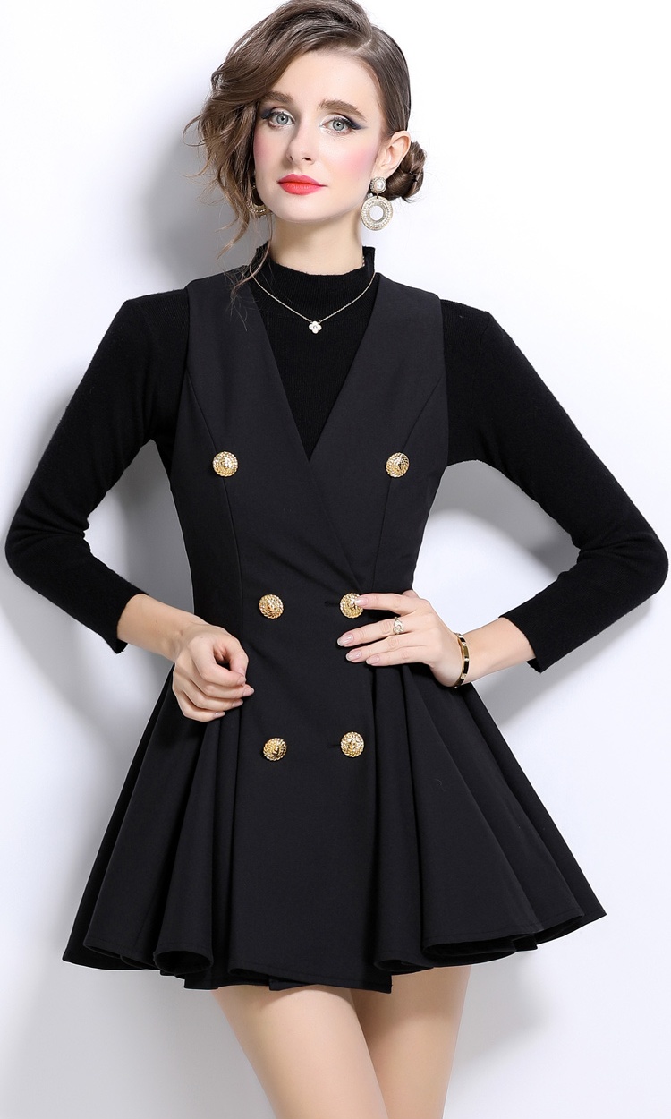 V-neck thick and disorderly sweater pleated dress 2pcs set