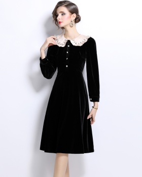 Black retro long dress France style golden velvet dress