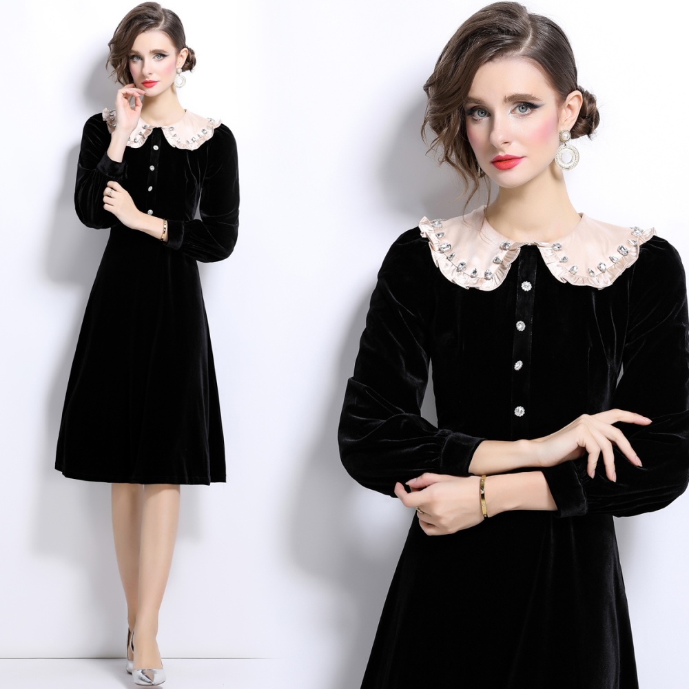 Black retro long dress France style golden velvet dress