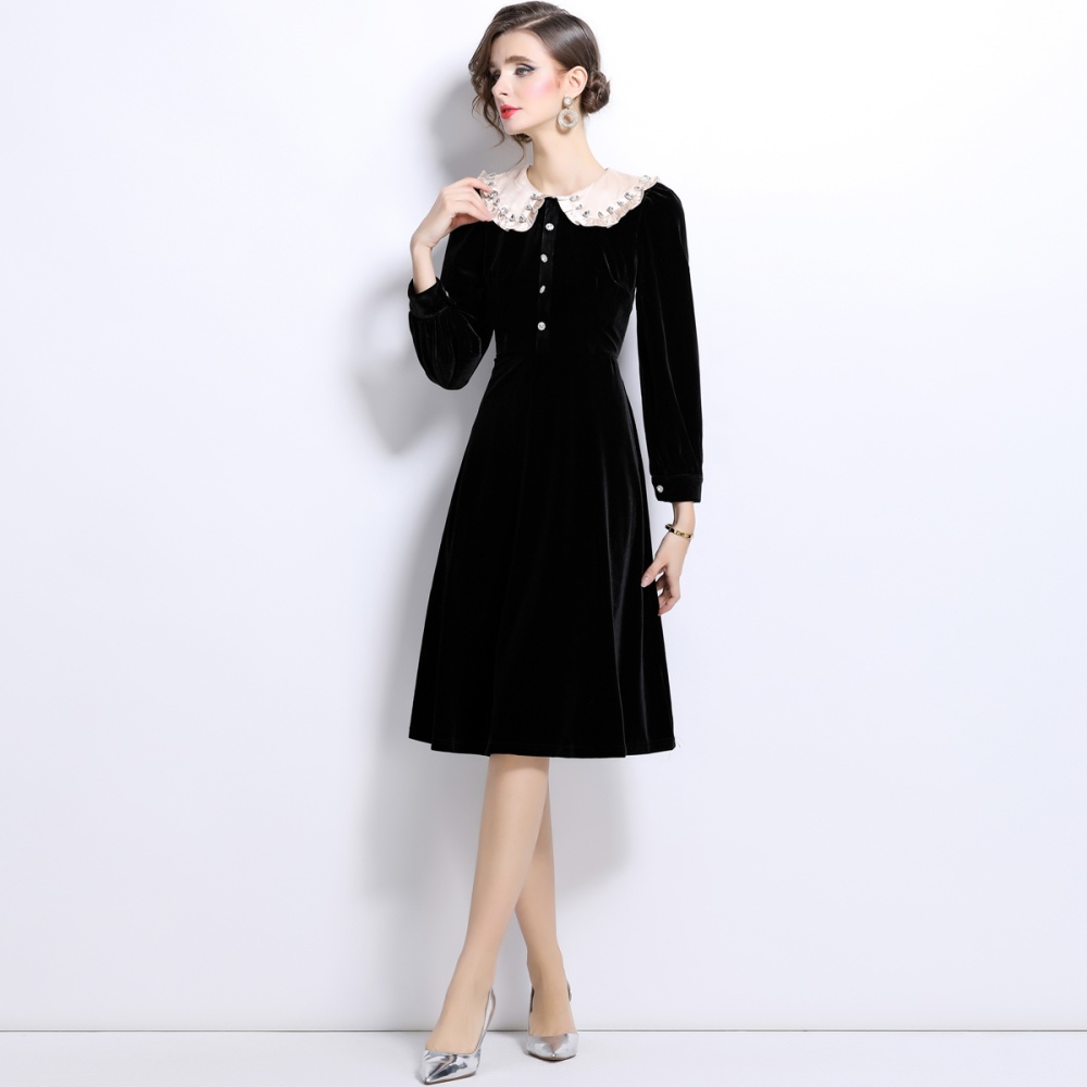 Black retro long dress France style golden velvet dress