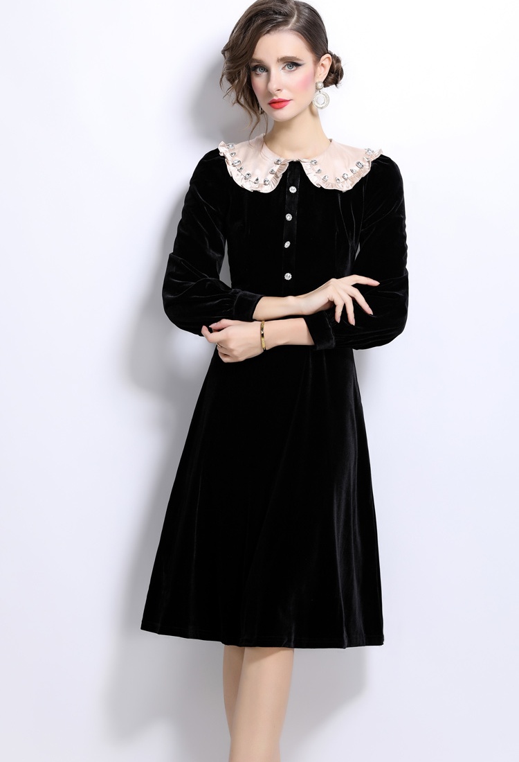 Black retro long dress France style golden velvet dress