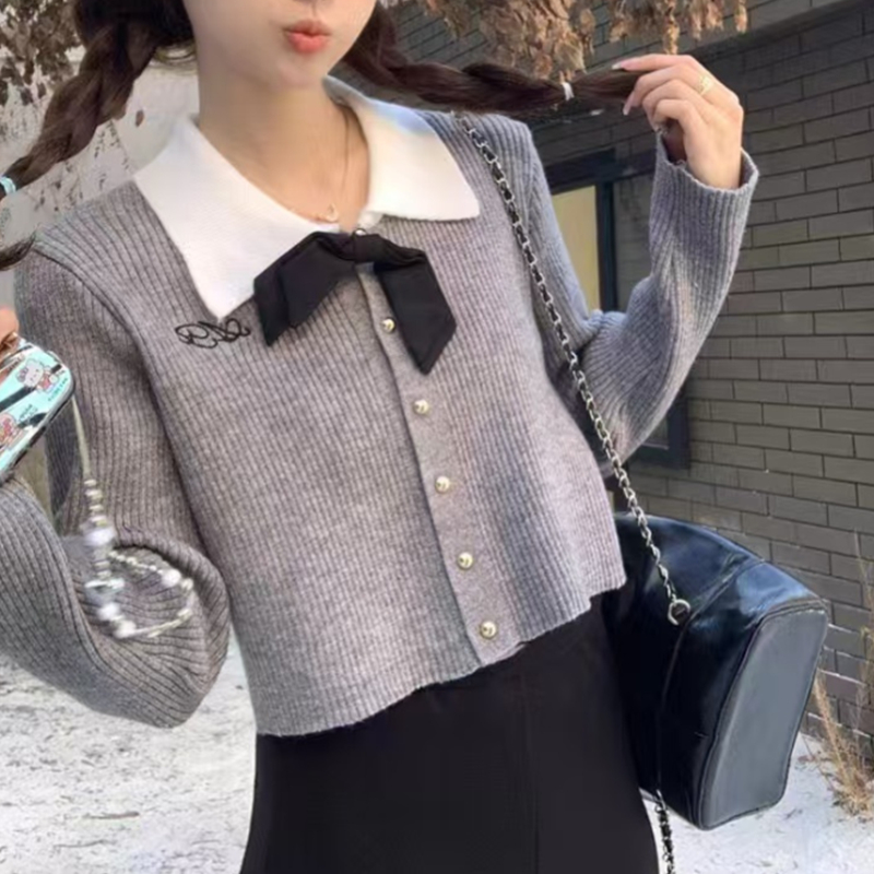 Knitted niche cardigan bow mixed colors sweater