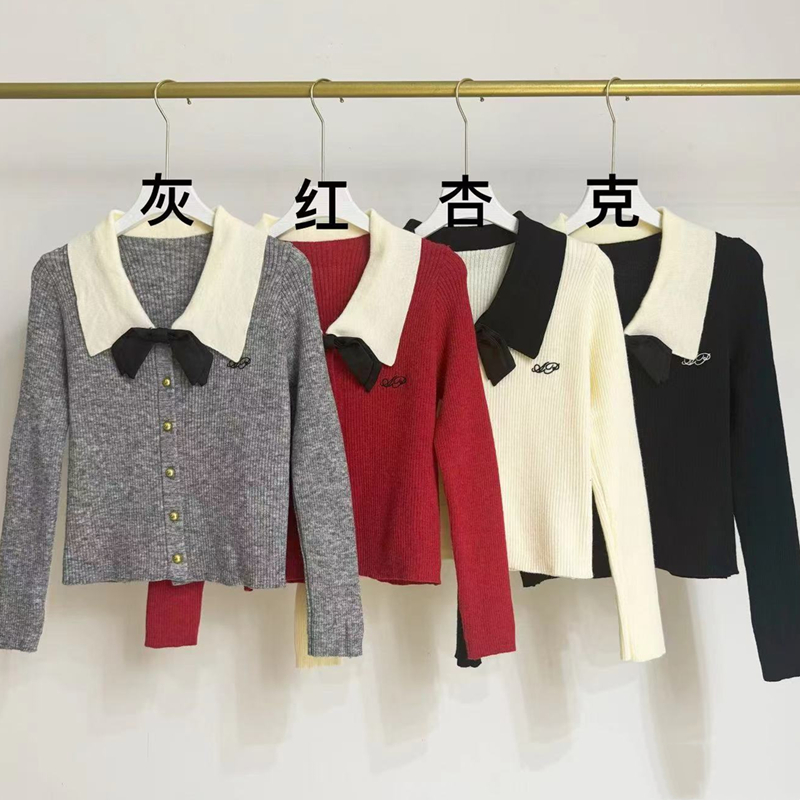 Knitted niche cardigan bow mixed colors sweater