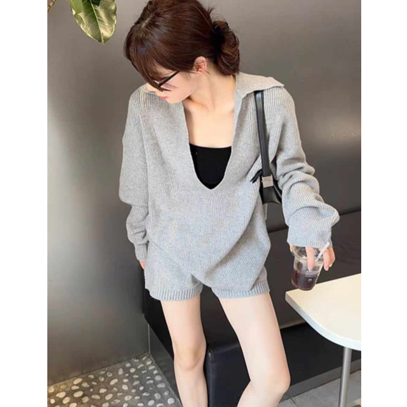 Autumn and winter lazy tops lapel shorts a set