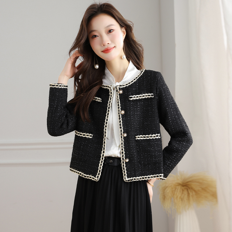 Temperament black chanelstyle coat slim short tops for women