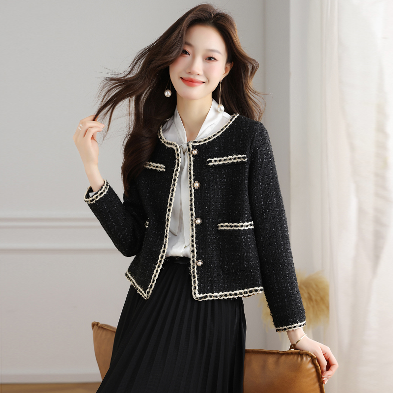 Temperament black chanelstyle coat slim short tops for women