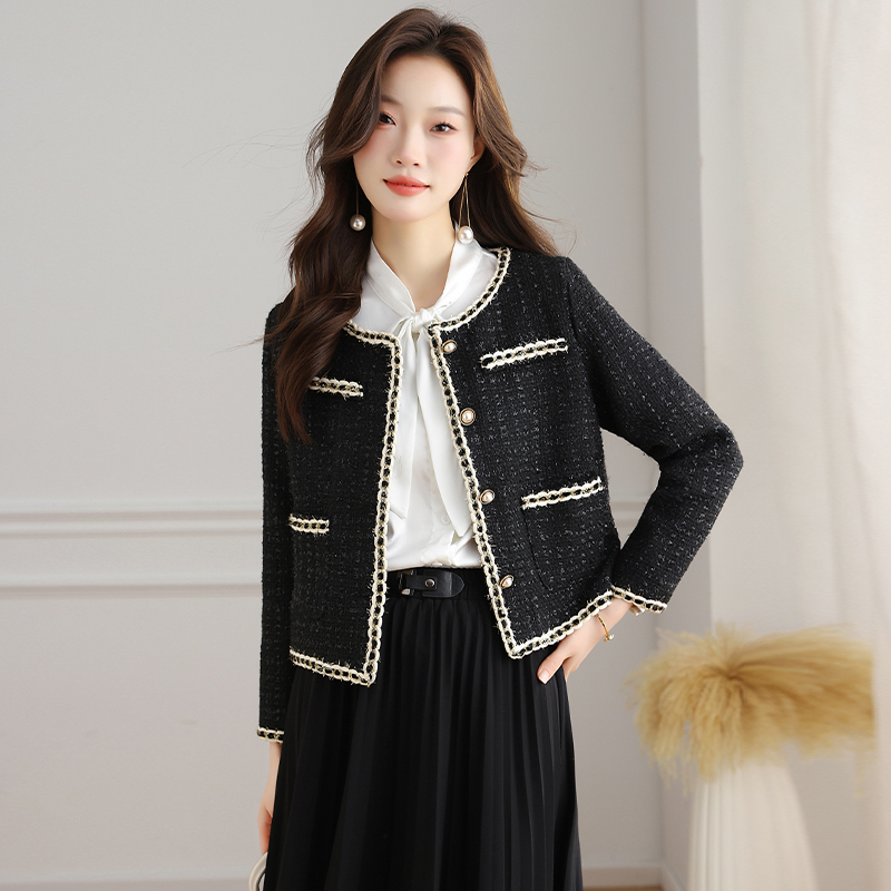 Temperament black chanelstyle coat slim short tops for women