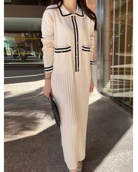 Mixed colors retro dress lapel crimp long dress for women