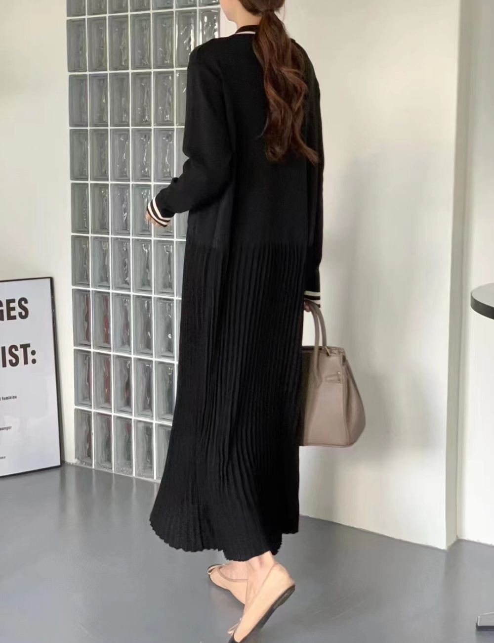 Mixed colors retro dress lapel crimp long dress for women