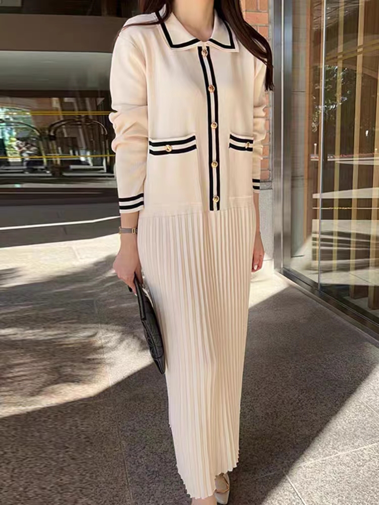 Mixed colors retro dress lapel crimp long dress for women