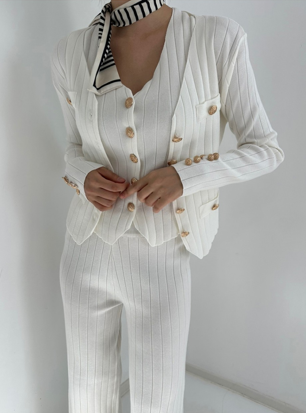 Knitted wide leg pants pit stripe pattern coat 3pcs set