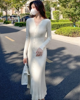 Pinched waist knitted long dress bottoming V-neck dress