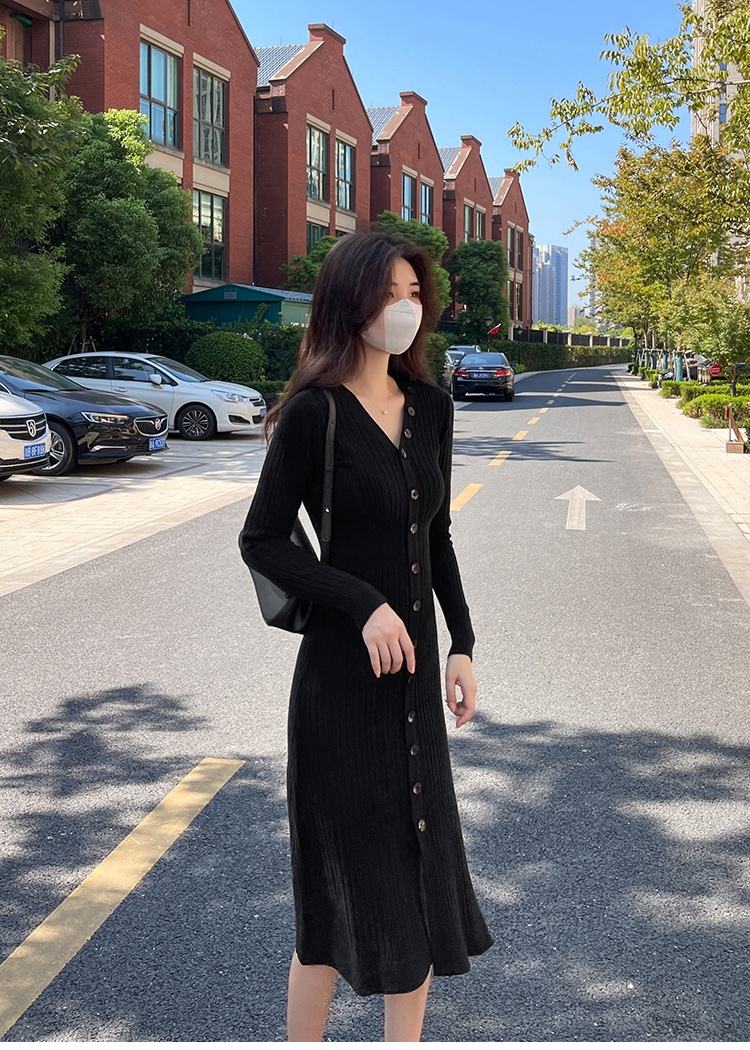 Pinched waist knitted long dress bottoming V-neck dress