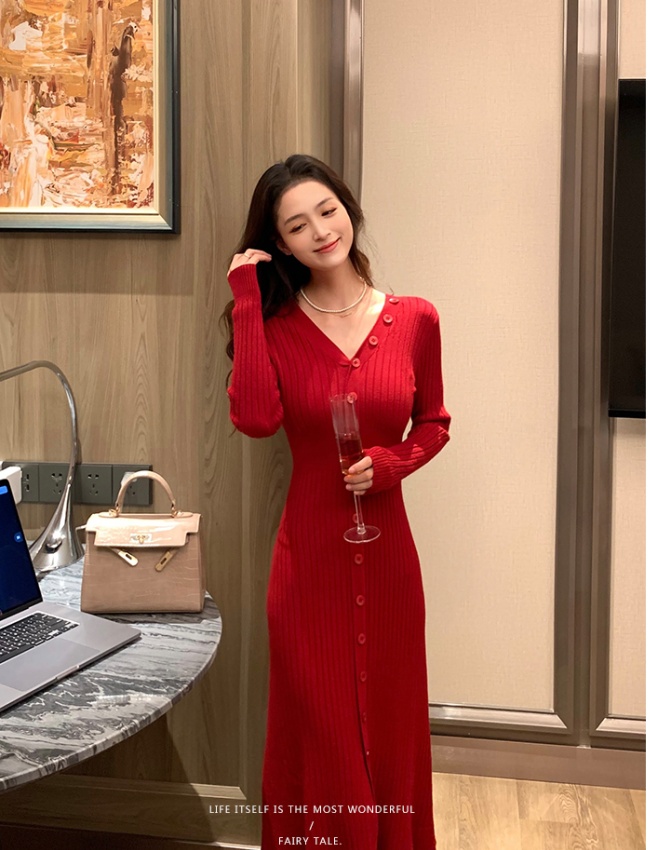 Pinched waist knitted long dress bottoming V-neck dress