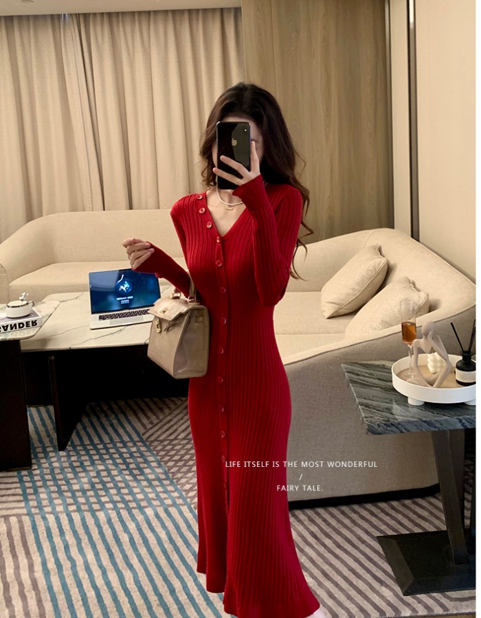 Pinched waist knitted long dress bottoming V-neck dress