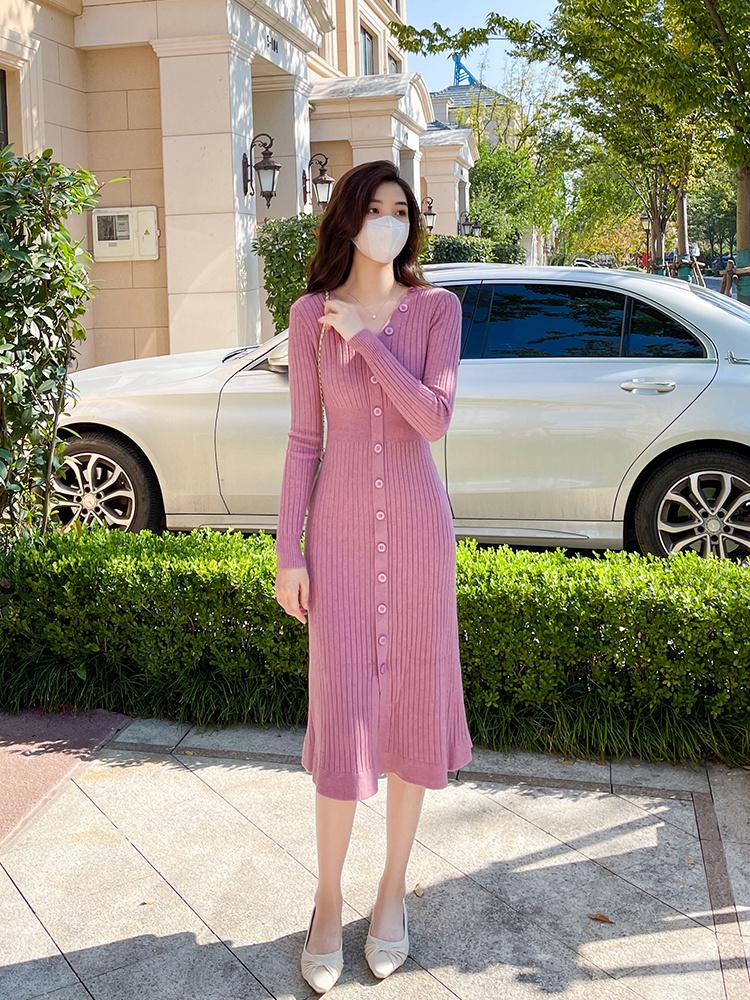 Pinched waist knitted long dress bottoming V-neck dress