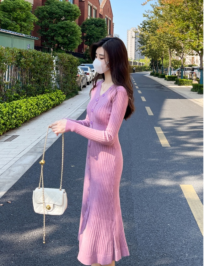 Pinched waist knitted long dress bottoming V-neck dress