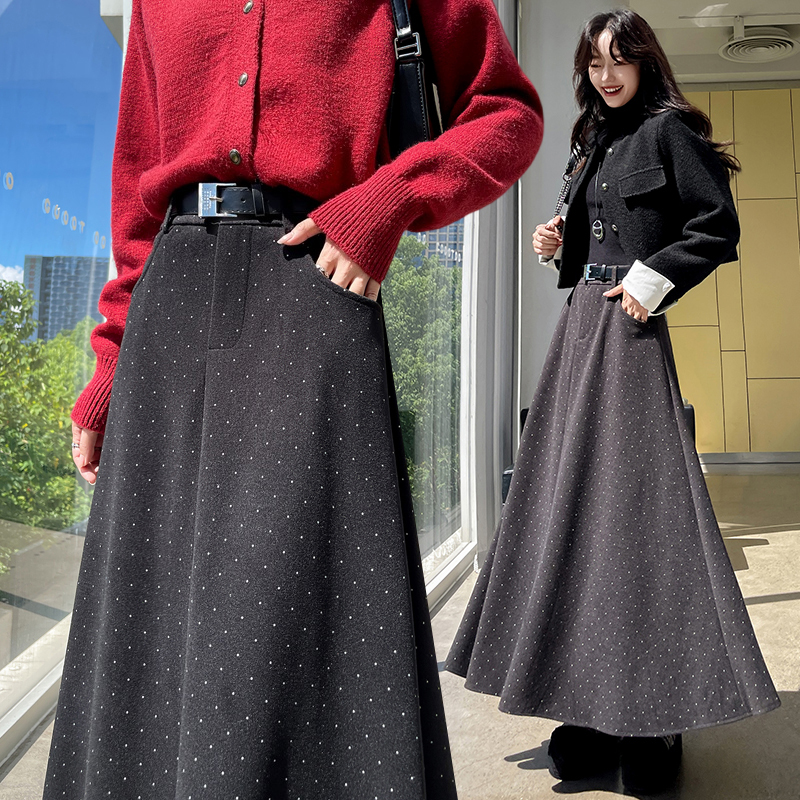 Autumn and winter gray high waist A-line long skirt