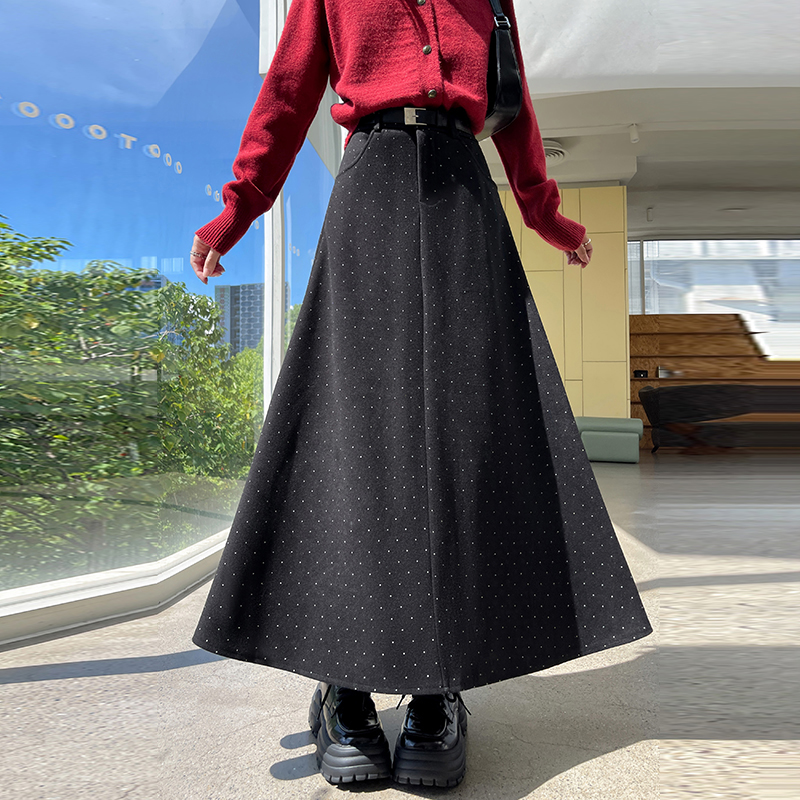 Autumn and winter gray high waist A-line long skirt