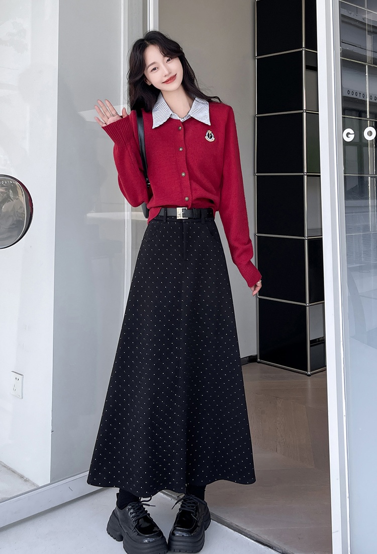 Autumn and winter gray high waist A-line long skirt