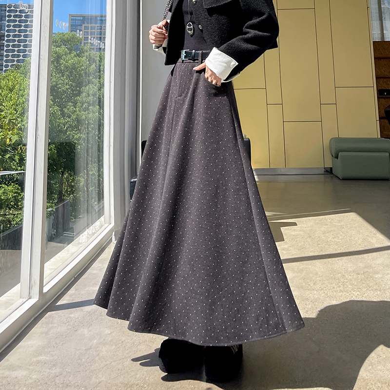 Autumn and winter gray high waist A-line long skirt