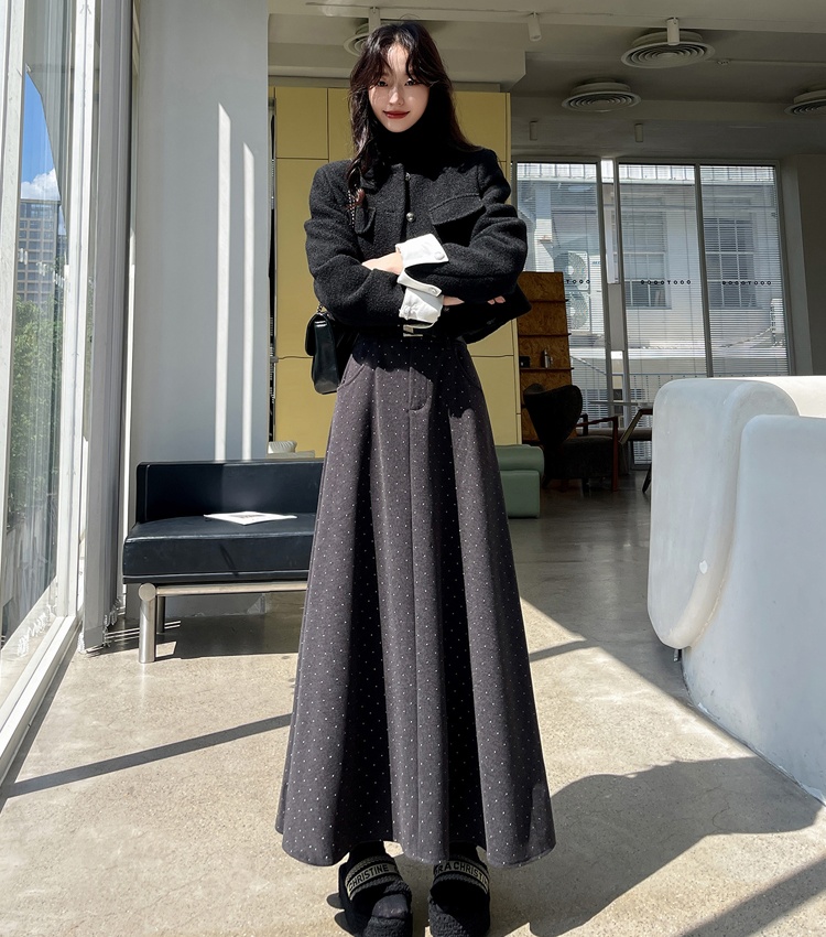 Autumn and winter gray high waist A-line long skirt