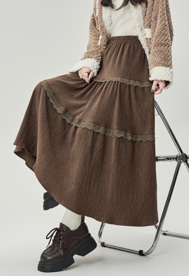 A-line splice high waist cake fold long skirt for women