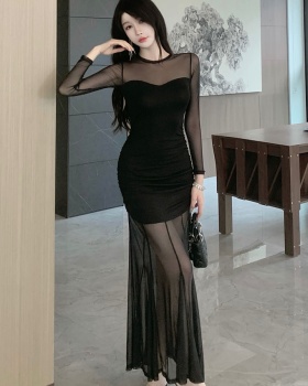 Long perspective gauze sexy black package hip dress