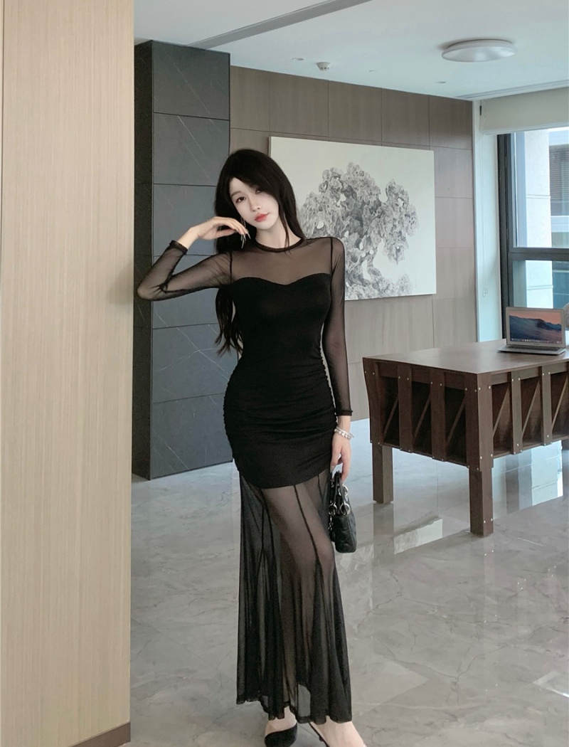 Long perspective gauze sexy black package hip dress