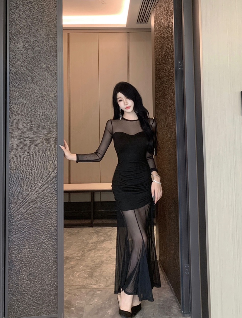 Long perspective gauze sexy black package hip dress