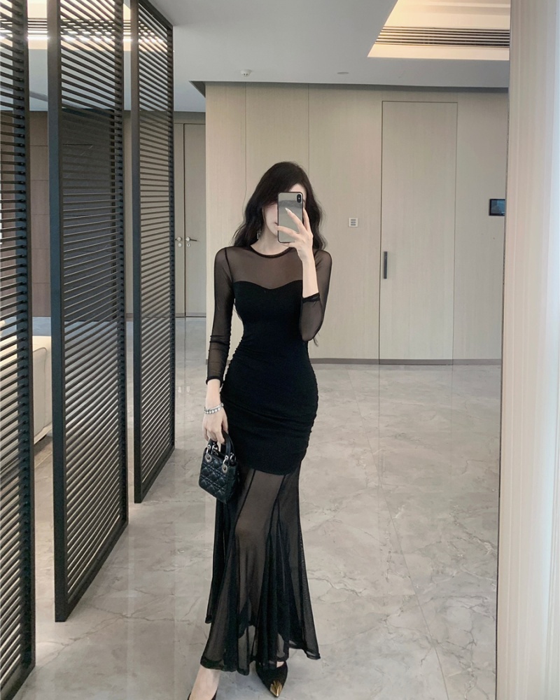 Long perspective gauze sexy black package hip dress