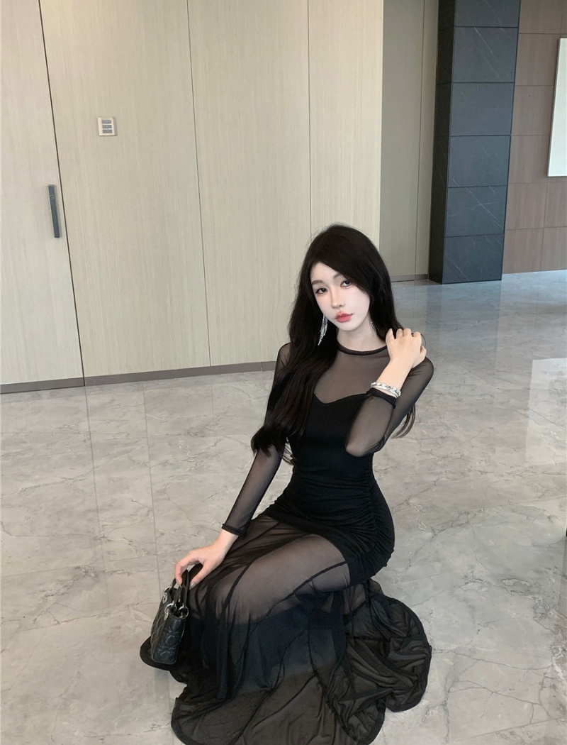 Long perspective gauze sexy black package hip dress