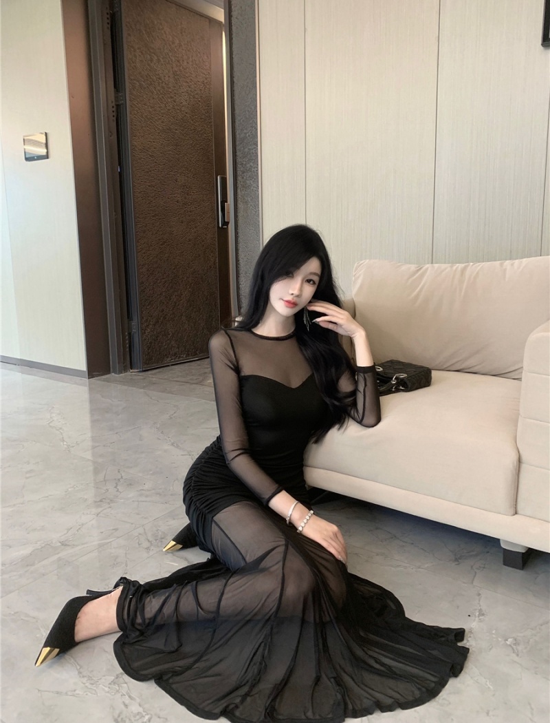 Long perspective gauze sexy black package hip dress