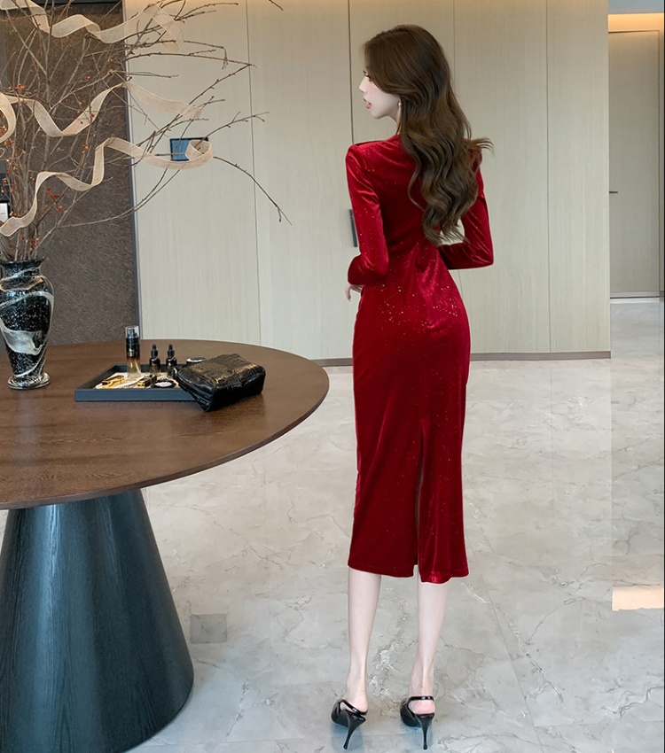 Pinched waist fashion dress V-neck long dress