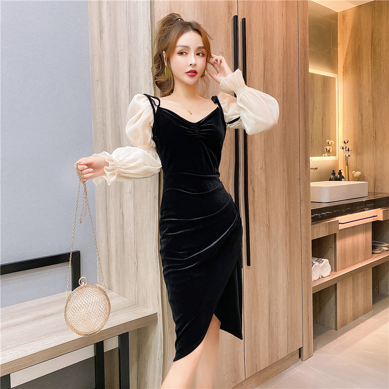 Package hip fashion gauze sleeve autumn and winter dress