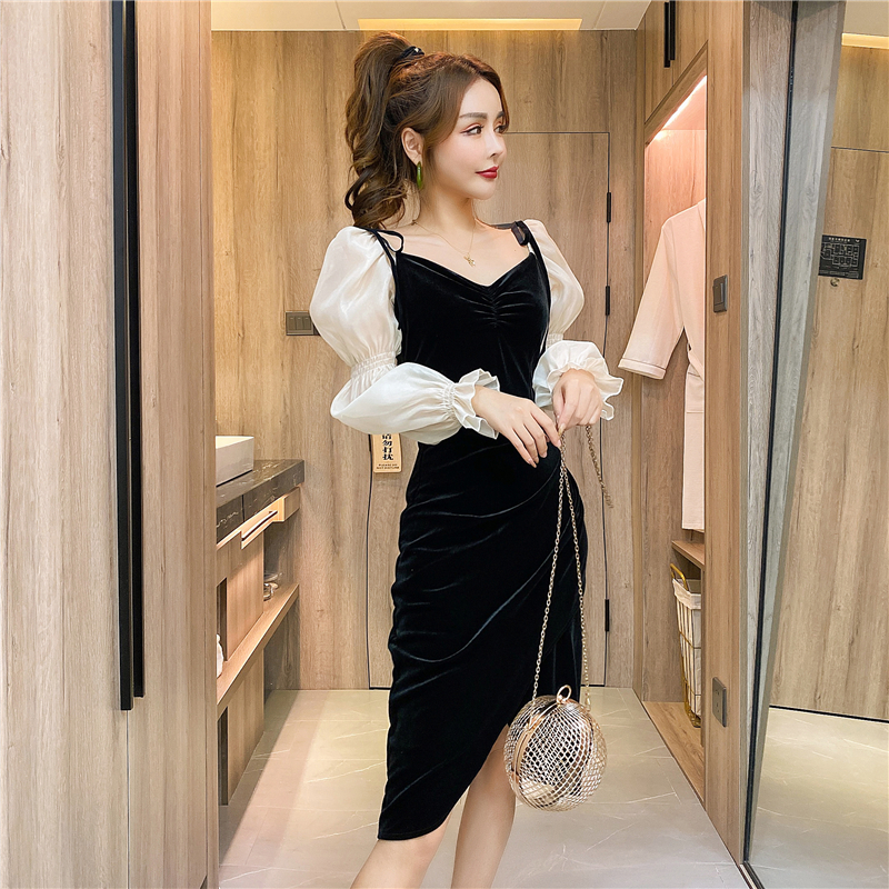 Package hip fashion gauze sleeve autumn and winter dress