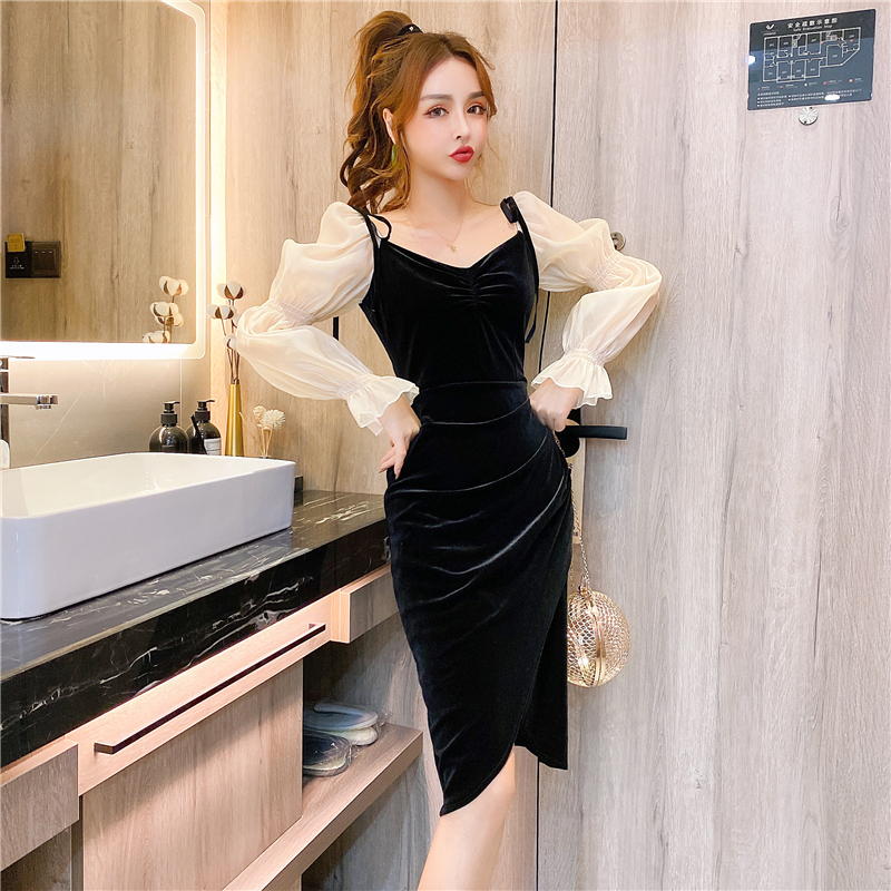 Package hip fashion gauze sleeve autumn and winter dress