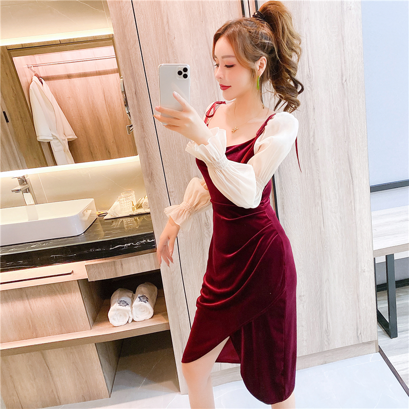 Package hip fashion gauze sleeve autumn and winter dress