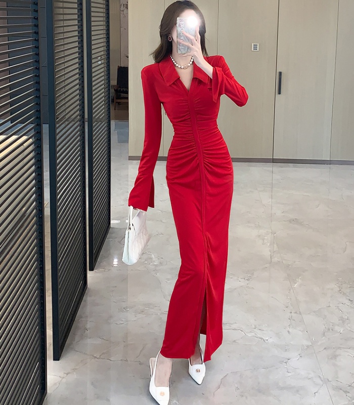 Package hip tight long dress lapel autumn dress