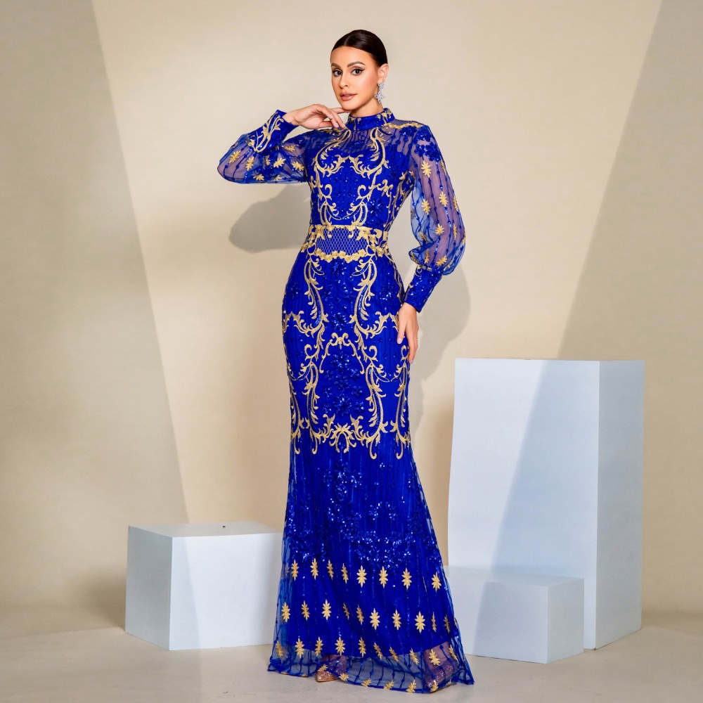 Long sleeve evening dress round neck dress for women