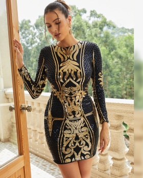 Round neck banquet dress long sleeve sexy evening dress for women